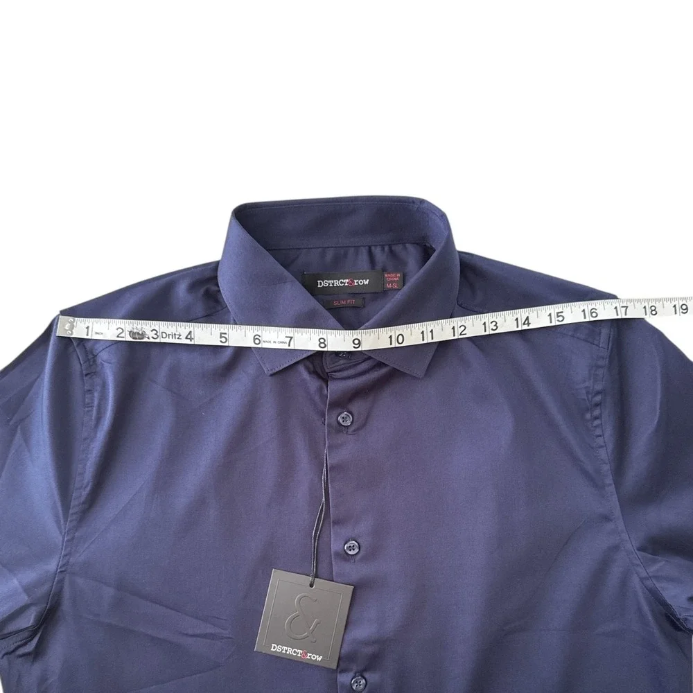 DSTRCT & Row Slim Fit Dress Shirt Navy Size M Wrinkle-Free Long Sleeve Button Up
